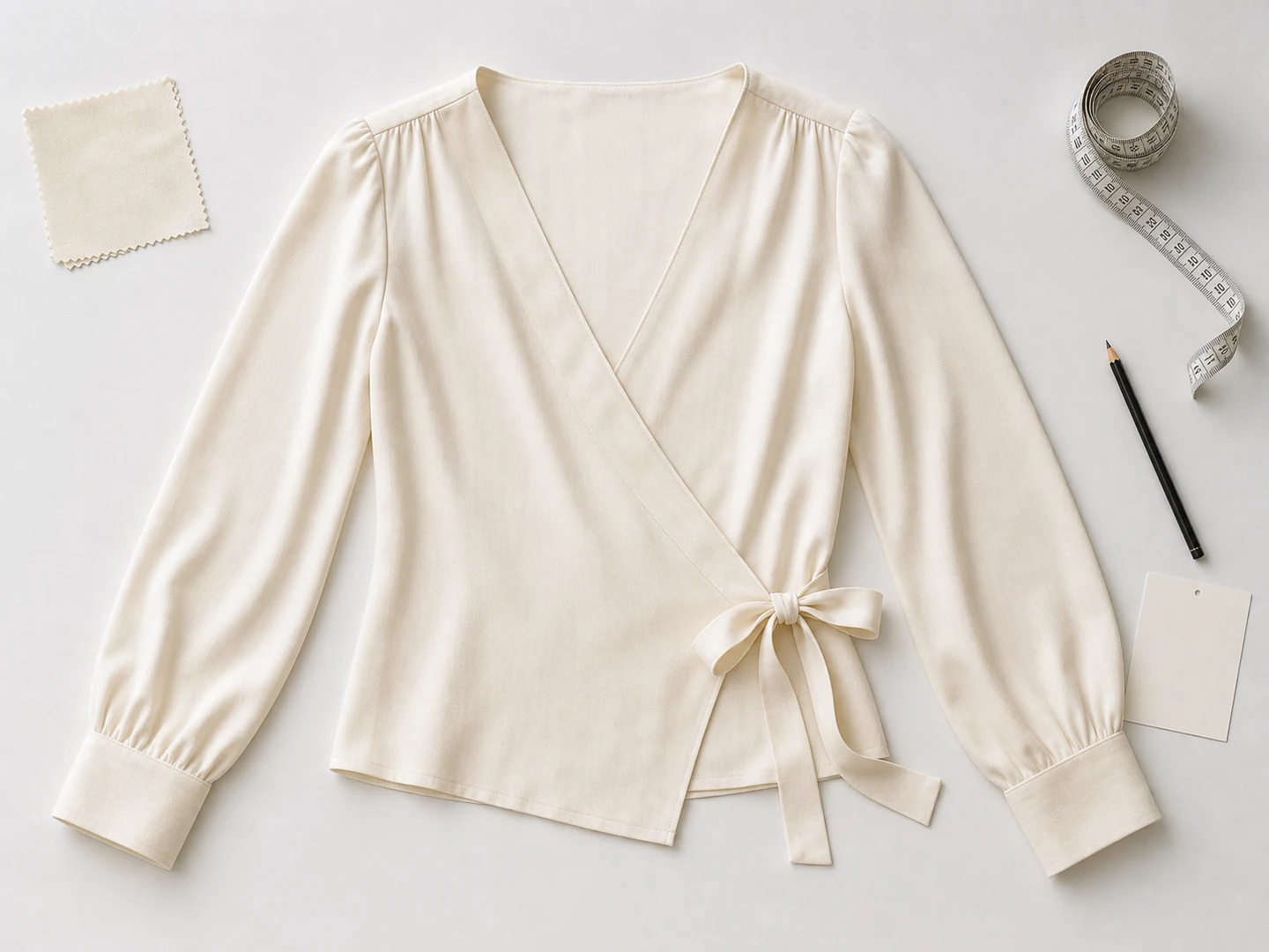 Ivory wrap blouse reference garment with fabric swatch and measuring tape