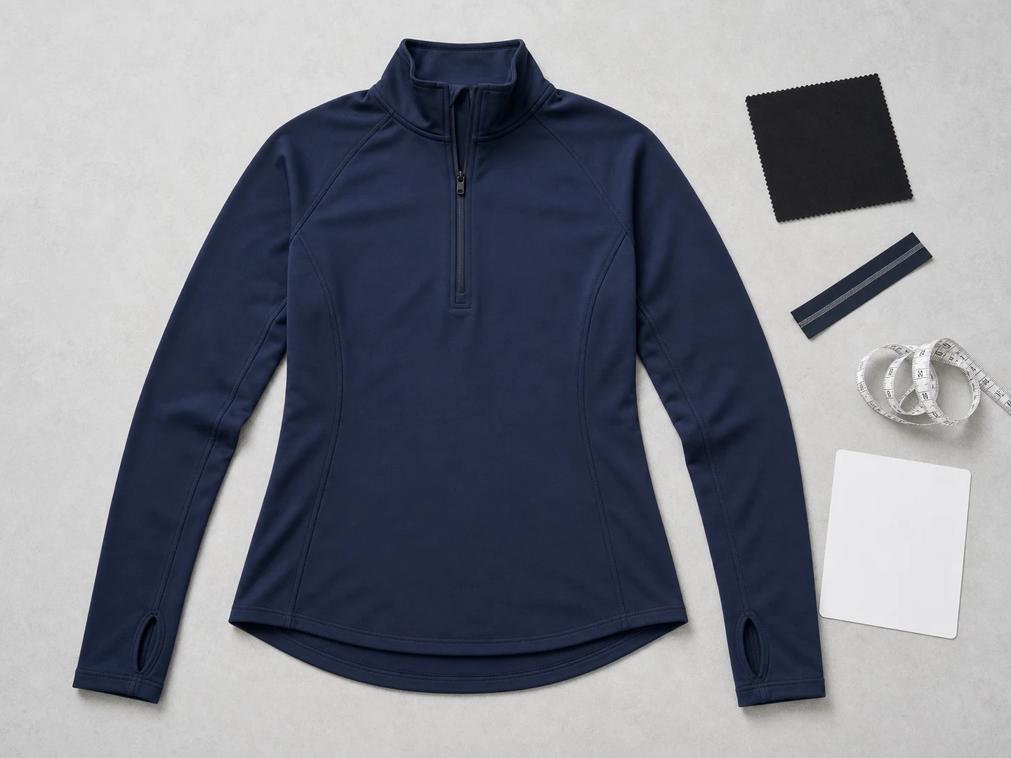 Navy half-zip activewear top reference garment with stretch fabric and seam samples