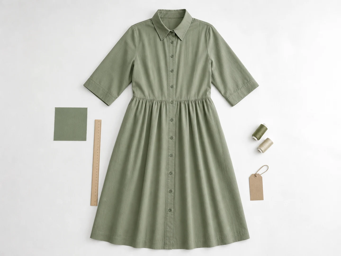Sage green midi shirt dress reference garment with fabric swatch and sewing tools